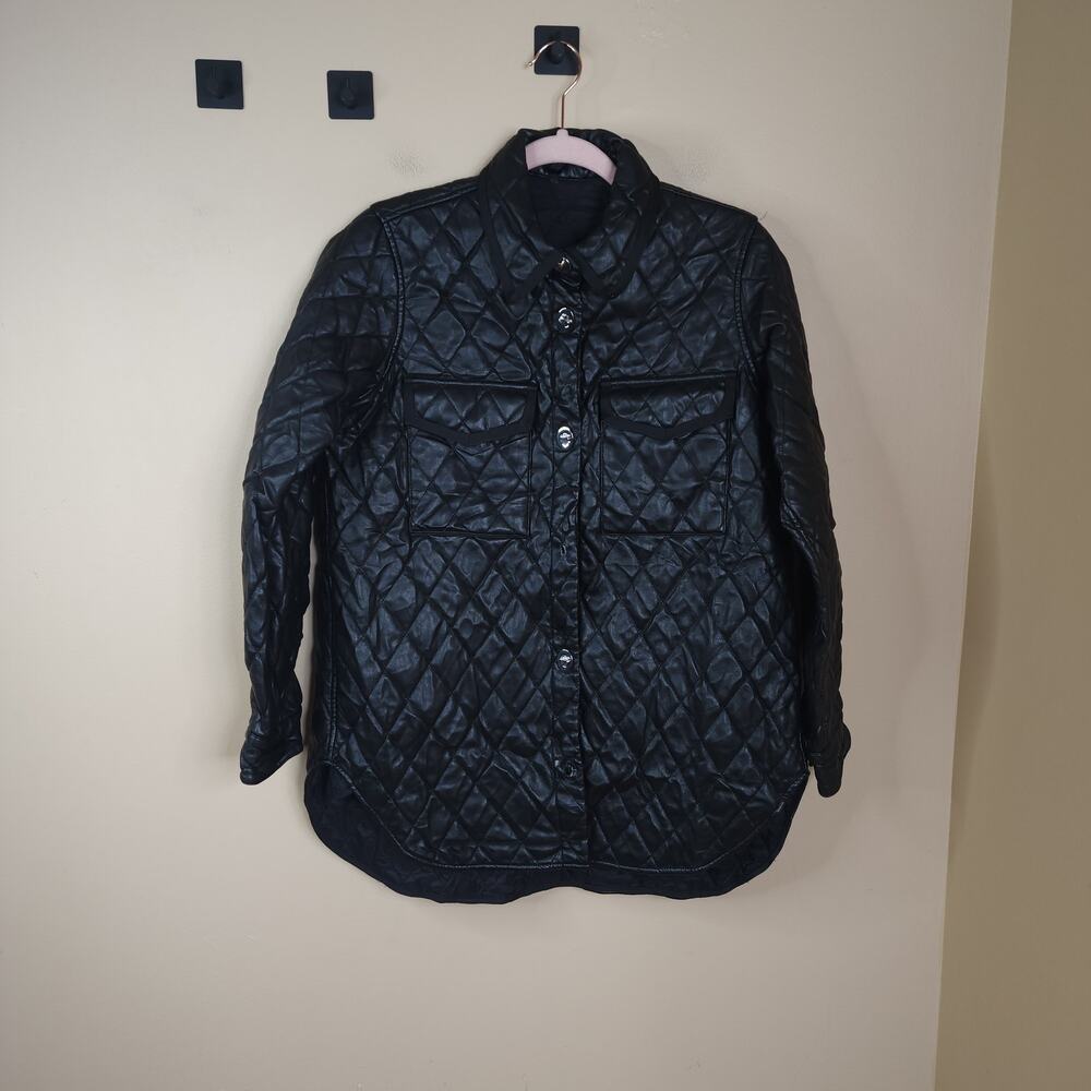 Maje Quilted Faux Leather Shirt Jacket In Black Size 38/M DAMAGED